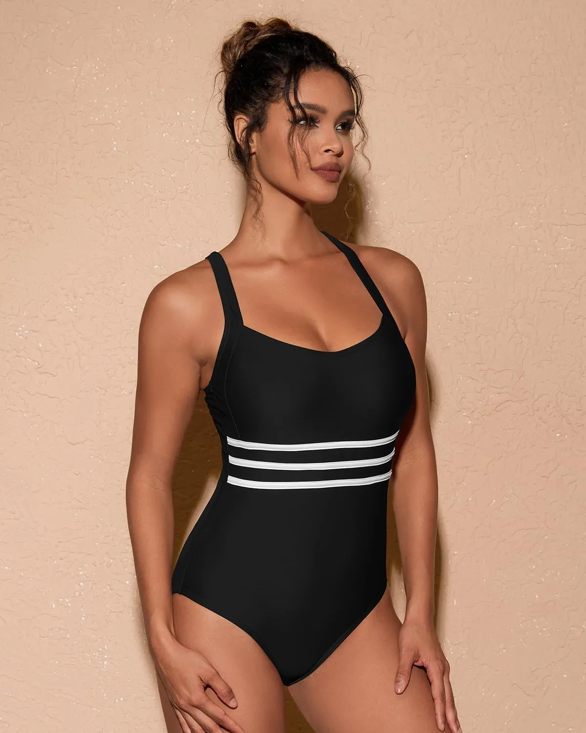 One Piece Swimsuit Women Tummy Control Color Block Stripes Bathing Suit Full Coverage Swimwear Adjustable Straps