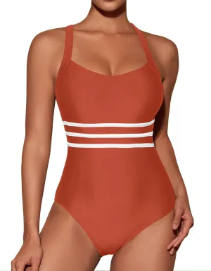One Piece Swimsuit Women Tummy Control Color Block Stripes Bathing Suit Full Coverage Swimwear Adjustable Straps