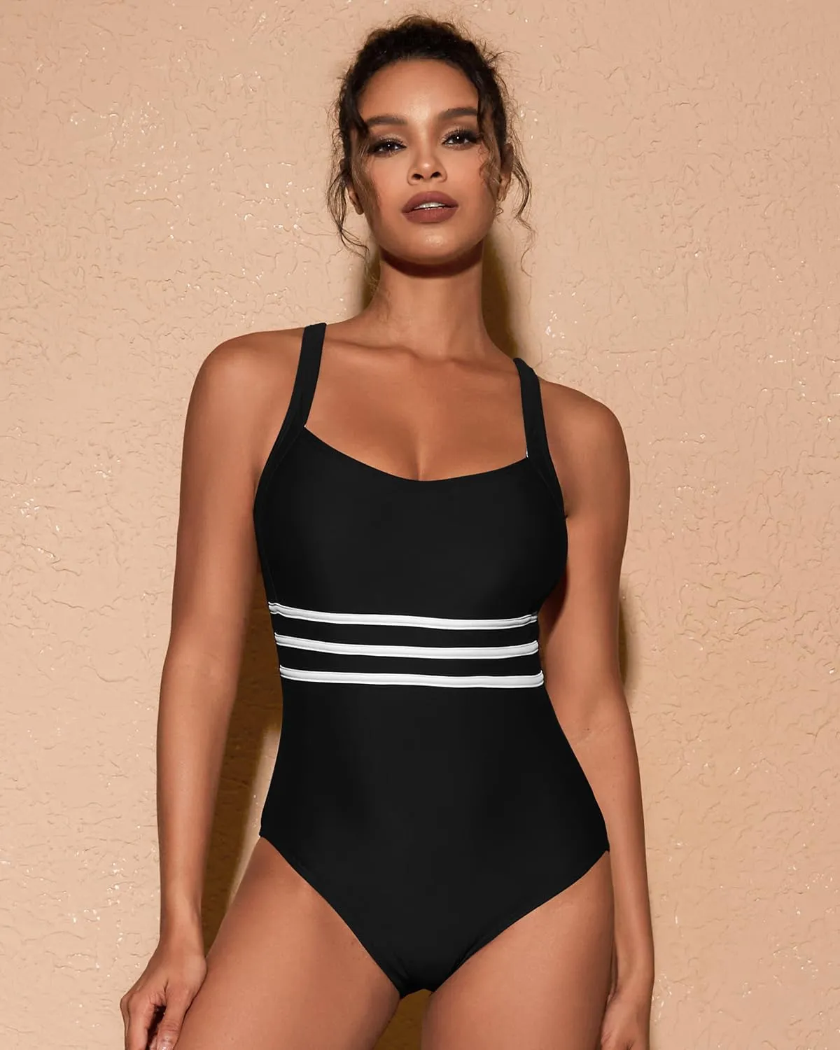 One Piece Swimsuit Women Tummy Control Color Block Stripes Bathing Suit Full Coverage Swimwear Adjustable Straps