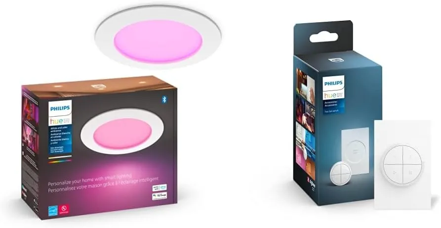 Philips Hue (1) White Tap Dial Switch with (1) Smart Slim 5/6 Inch LED Downlight, White and Color Ambiance Color-Changing Light, 1200LM - Requires Bridge - Control with Hue App or Voice Assistant