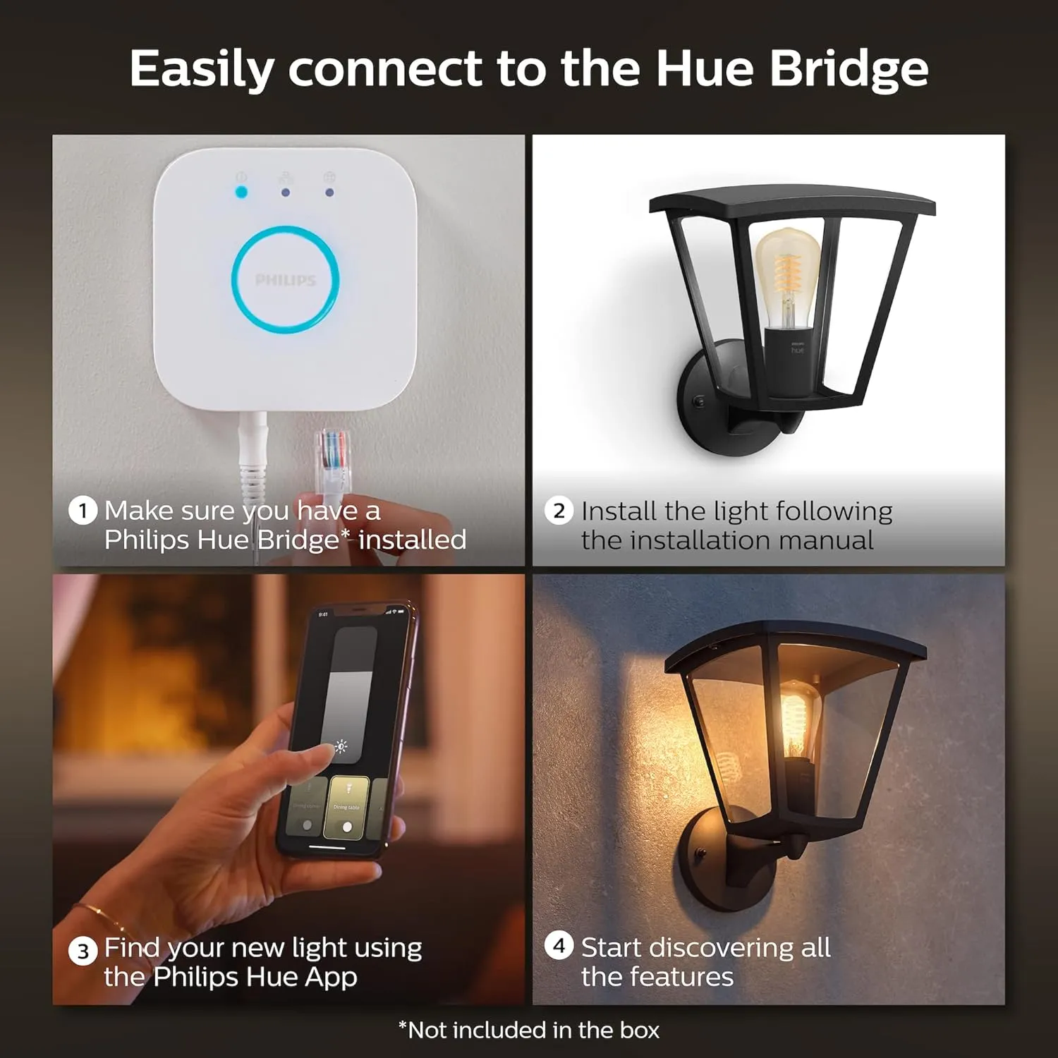 Philips Hue Inara Outdoor Smart Wall Light, Black - E26 White Filament LED Bulb - 1 Pack - Requires Hue Bridge - Control with Hue App and Voice - Weatherproof