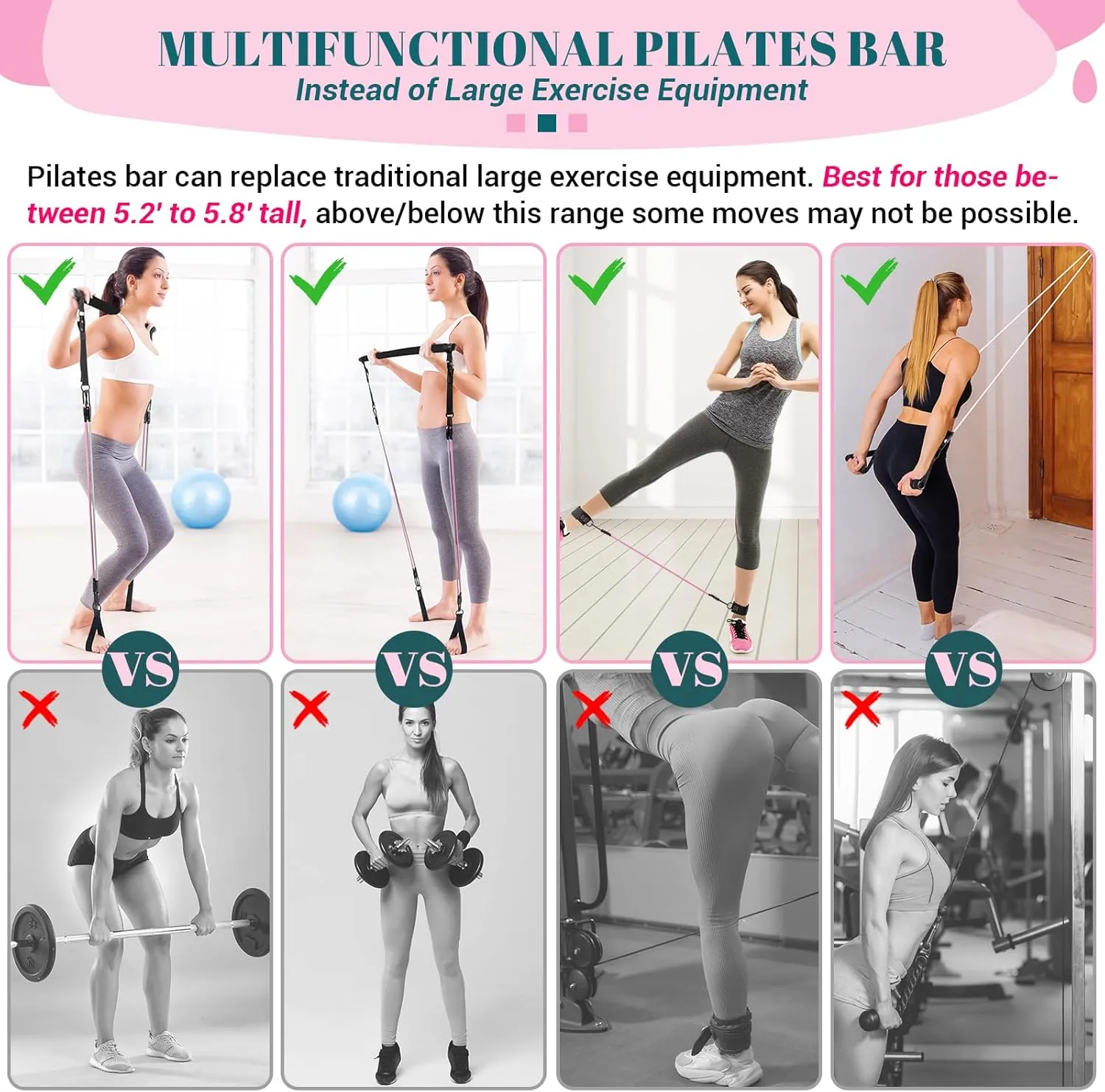 Pilates Bar Kit with Resistance Bands, Multifunctional Yoga Pilates Bar with Heavy-Duty Metal Adjustment Buckle, Portable Home Gym Pilates Resistance Bar Kit for Women Full Body Workouts