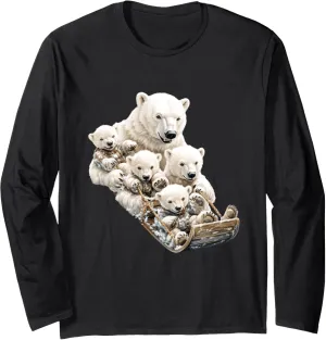 Polar Bear Family Sledding Winter Fun Long Sleeve T-Shirt
