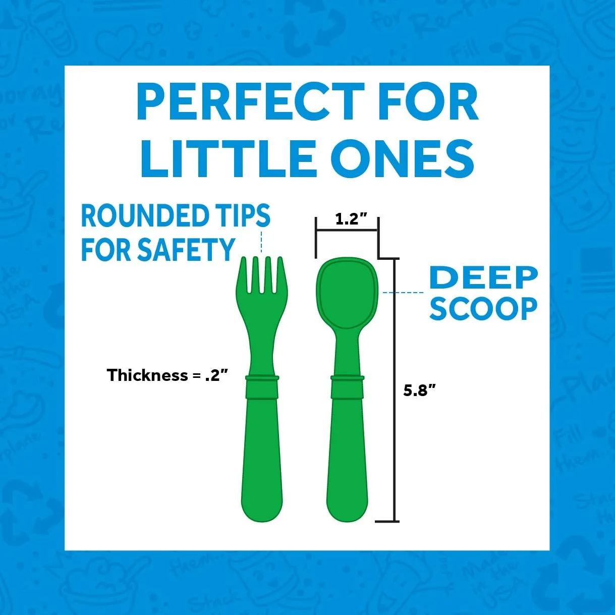 Re-Play Kids Dinnerware Set - 10 oz. Open Cup, 7" Flat Plate, 12 Oz. Bowl, Rounded Tip Fork and Deep Scoop Spoon - Dishwasher/Microwave Safe - Made in USA - Aqua
