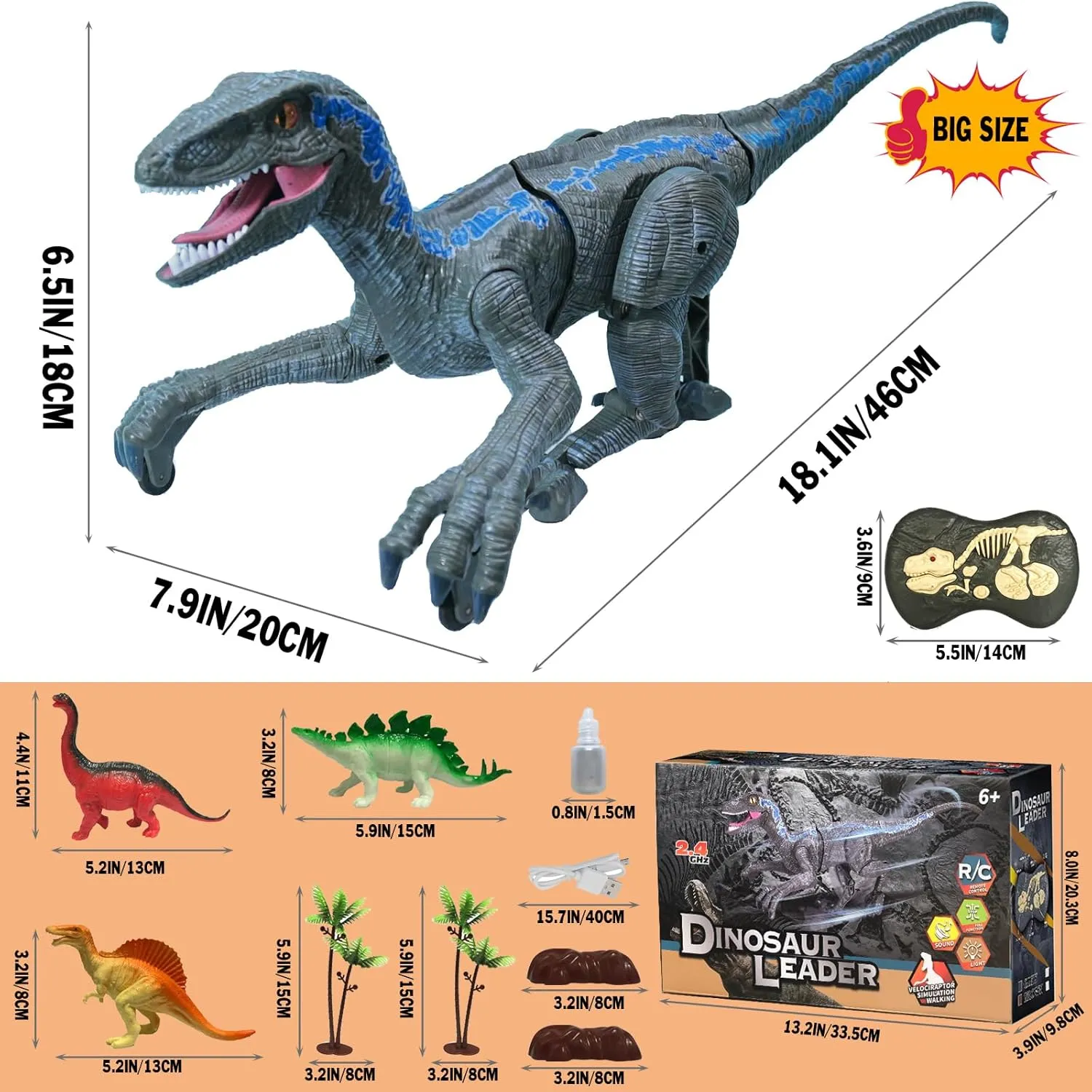 Remote Control Dinosaur Toys for Boys Kids Girls 3 4 5 6 7 8 Electronic RC Robot Toy 2.4Ghz Walking Roaring Velociraptor Realistic 18.1" Jurassic Dino Rechargeable Raptor Blue Birthday Gift