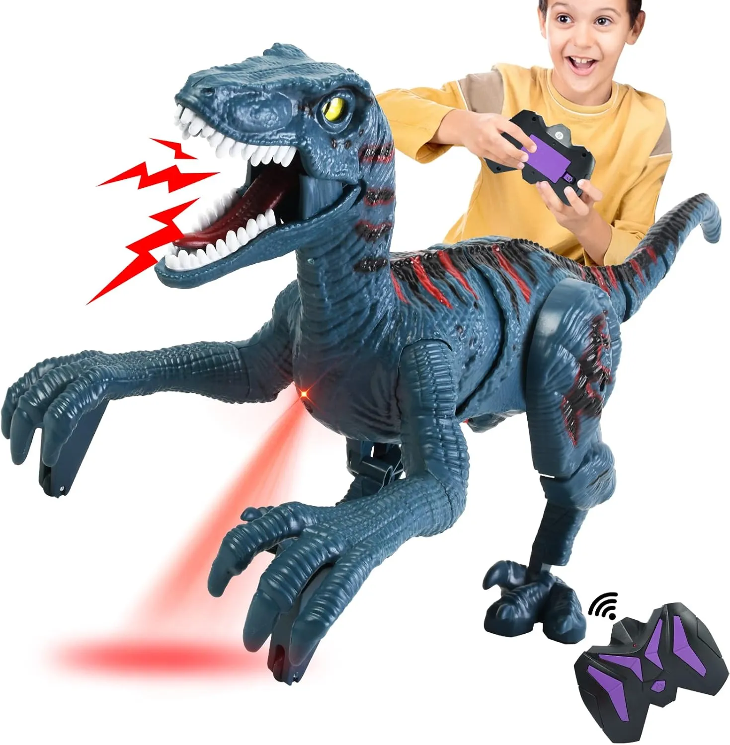 Remote Control Velociraptor Toy - Realistic Walking Dinosaur with Lights & Sounds - STEM Toy for Boys Ages 5-7 & 8-12 Blue