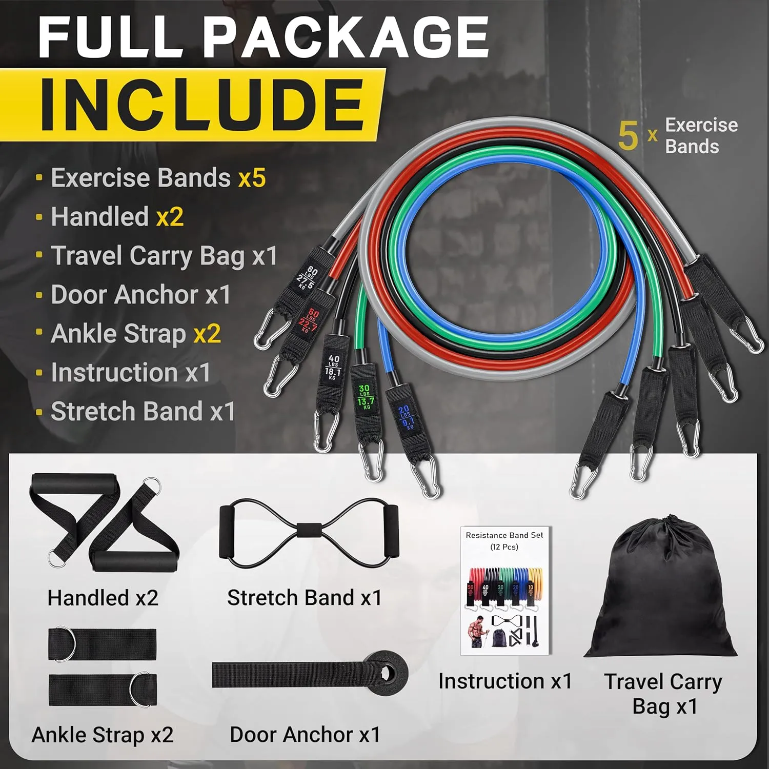 Resistance Bands, Resistance Band Set, Workout Bands, Exercise Bands for Men and Women, Exercise Bands with Door Anchor, Handles, Legs Ankle Straps for Muscle Training, Physical Therapy, Shape Body