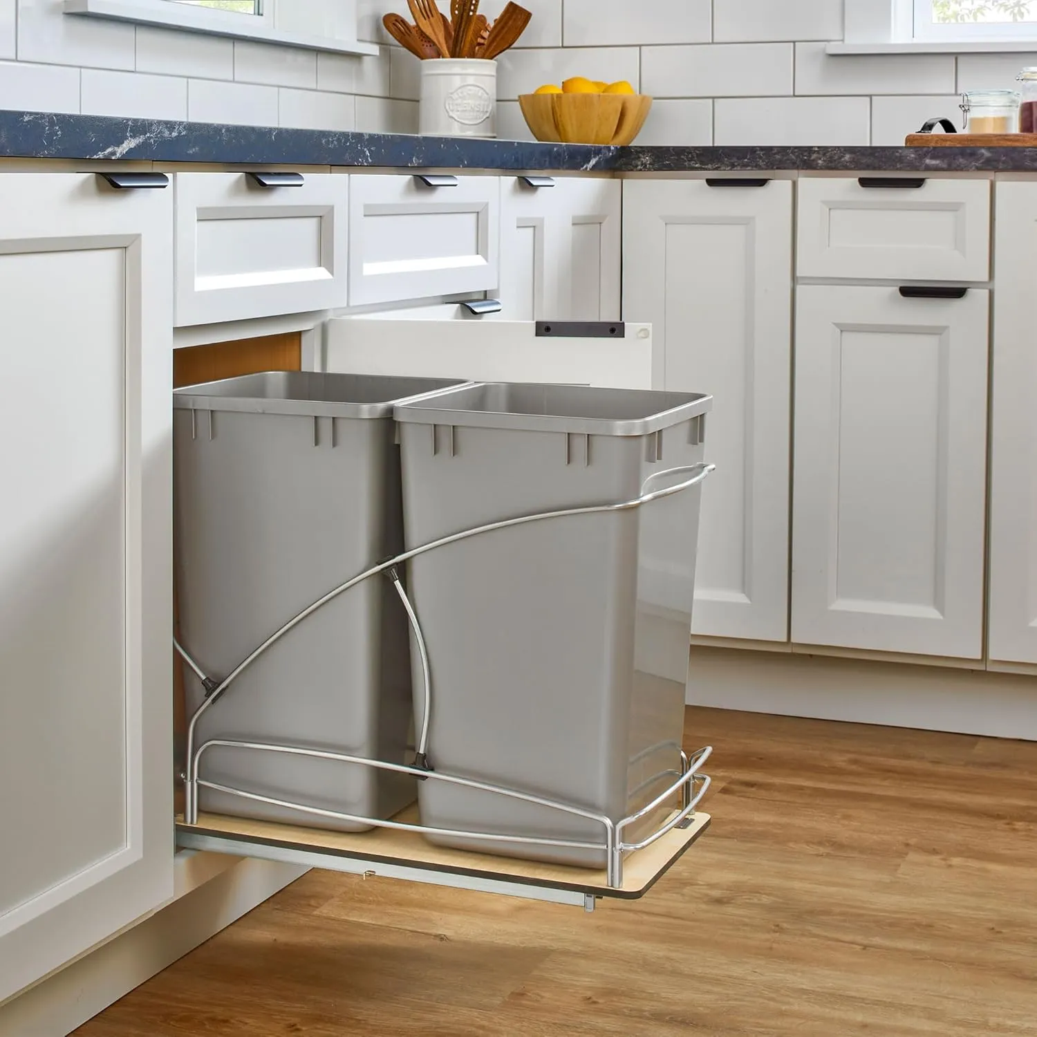 Rev-A-Shelf Steel Bottom Mount Double 27 Quart 6.75 Gallon Waste Bin Trash Container for Under Kitchen Cabinet with Soft Close, Gray, 54WC-1527SC-17-1