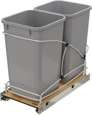 Rev-A-Shelf Steel Bottom Mount Double 27 Quart 6.75 Gallon Waste Bin Trash Container for Under Kitchen Cabinet with Soft Close, Gray, 54WC-1527SC-17-1