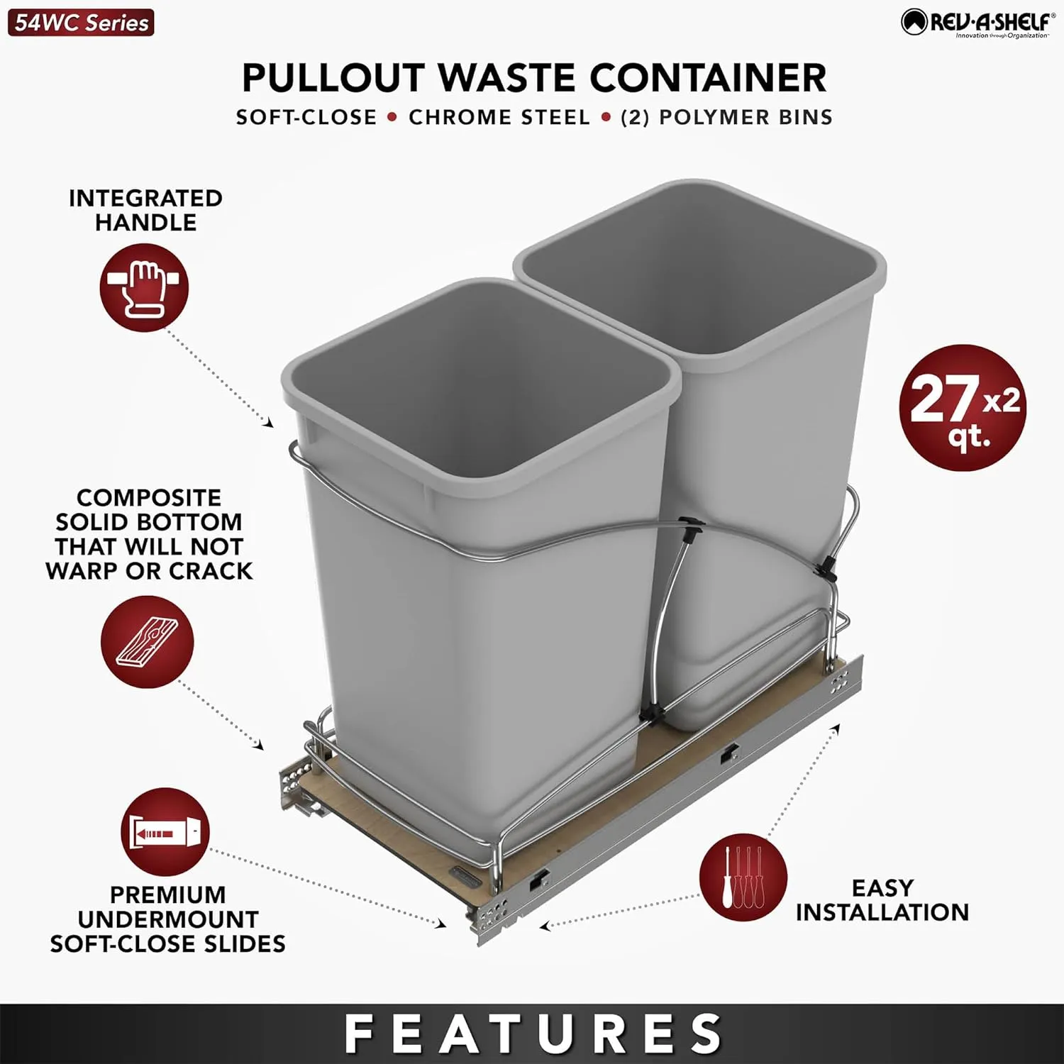 Rev-A-Shelf Steel Bottom Mount Double 27 Quart 6.75 Gallon Waste Bin Trash Container for Under Kitchen Cabinet with Soft Close, Gray, 54WC-1527SC-17-1