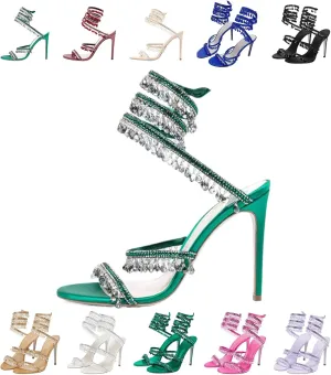 Rhinestone Tassel Wrap Around Stiletto Heels for Women Colorful Crystal Lace Up Stilettos Open Toe Tassel High Heeled Sandals for Prom, Wedding, Party