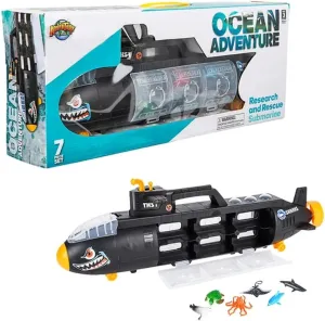 Rhode Island Novelty Aquatic Discovery Expedition Research & Rescue Submarine Toy with 6 Ocean Sea Animalsunderwater Boat Set for Kids
