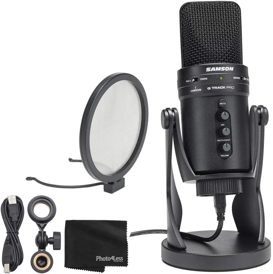 Samson G-Track Pro USB 24-bit Studio Condenser Mic with Audio Interface with The G-Track Pro Pop Filter and Cleaning Cloth - Top-Value Microphone Bundle