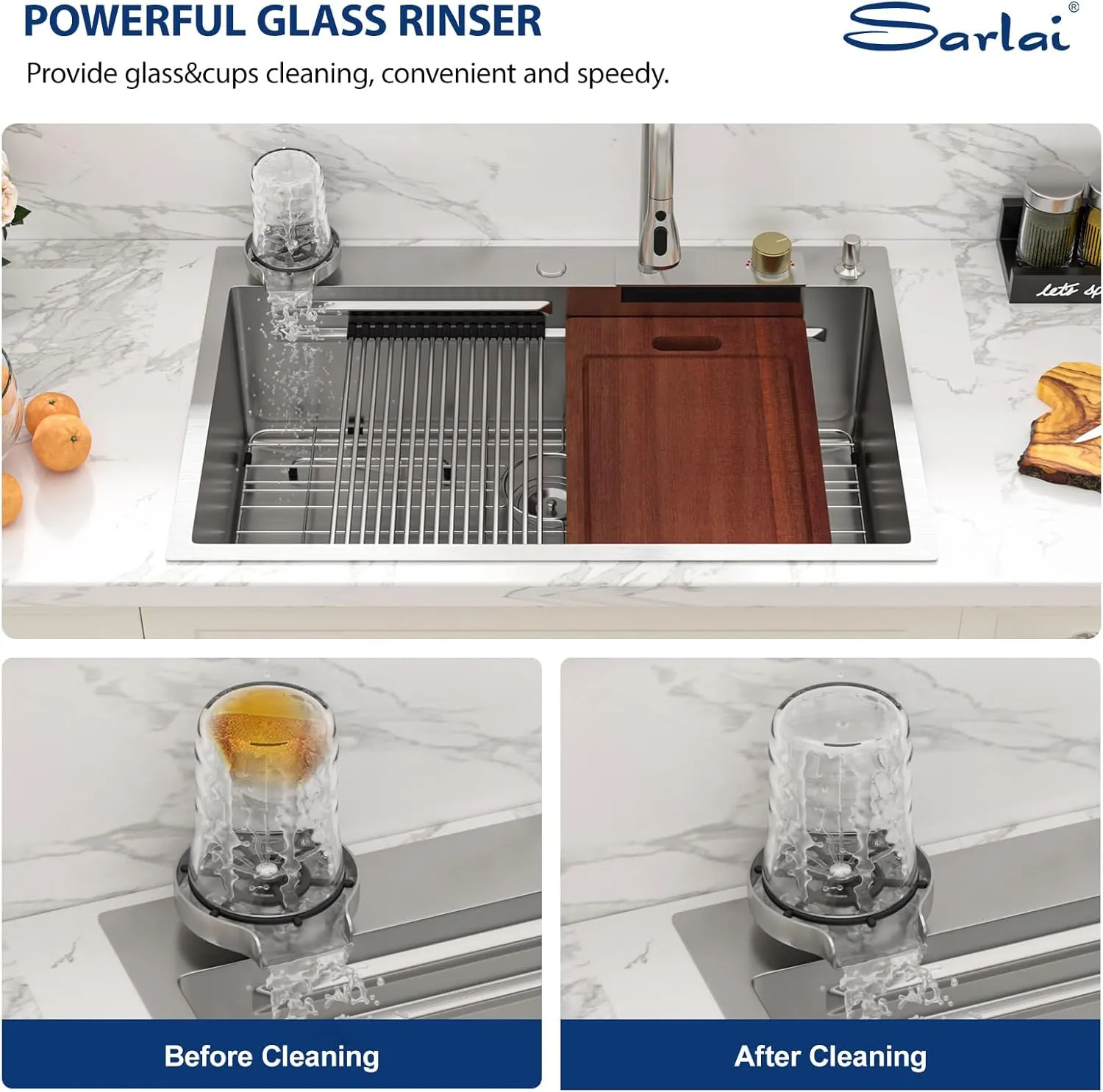 Sarlai 33 Inch Waterfall Kitchen Sink Drop In - 33x22 Waterfall Drop Workstation Stainless Steel 16 Gauge Multifunction Single Bowl Smart Top Mount Kitchen Sink with Faucet Combo