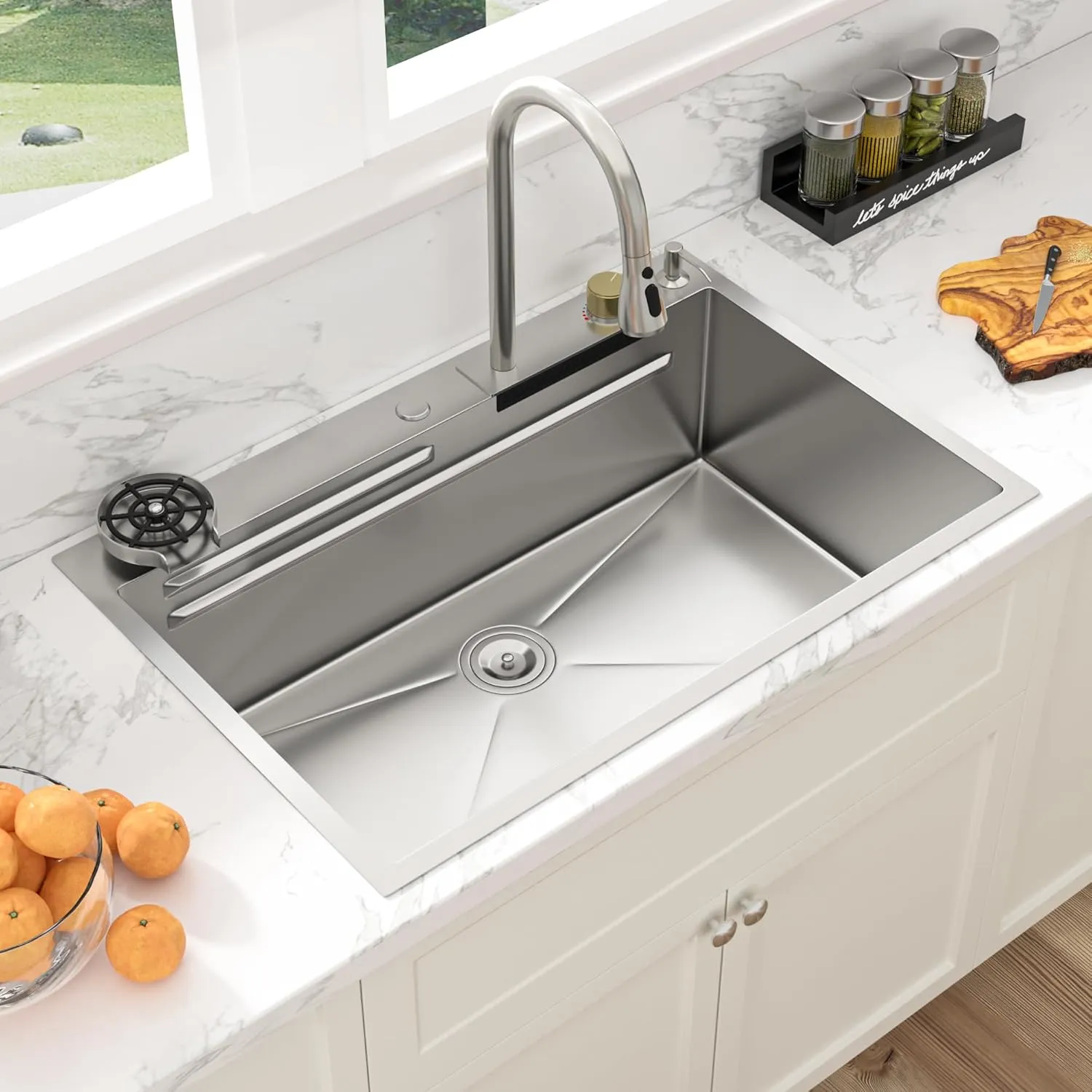 Sarlai 33 Inch Waterfall Kitchen Sink Drop In - 33x22 Waterfall Drop Workstation Stainless Steel 16 Gauge Multifunction Single Bowl Smart Top Mount Kitchen Sink with Faucet Combo