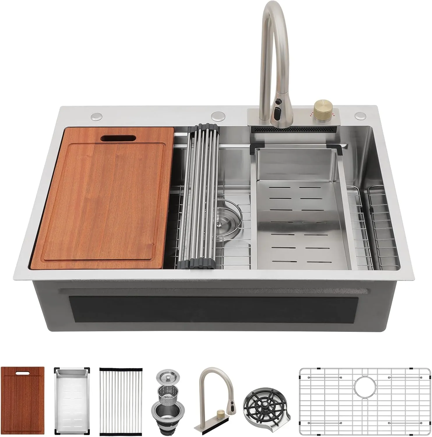 Sarlai 33 Inch Waterfall Kitchen Sink Drop In - 33x22 Waterfall Drop Workstation Stainless Steel 16 Gauge Multifunction Single Bowl Smart Top Mount Kitchen Sink with Faucet Combo