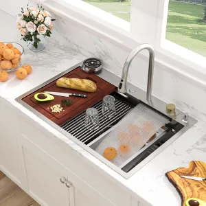 Sarlai 33 Inch Waterfall Kitchen Sink Drop In - 33x22 Waterfall Drop Workstation Stainless Steel 16 Gauge Multifunction Single Bowl Smart Top Mount Kitchen Sink with Faucet Combo
