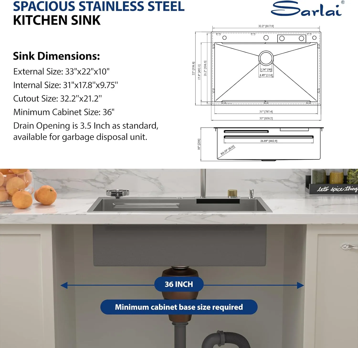 Sarlai 33 Inch Waterfall Kitchen Sink Drop In - 33x22 Waterfall Drop Workstation Stainless Steel 16 Gauge Multifunction Single Bowl Smart Top Mount Kitchen Sink with Faucet Combo