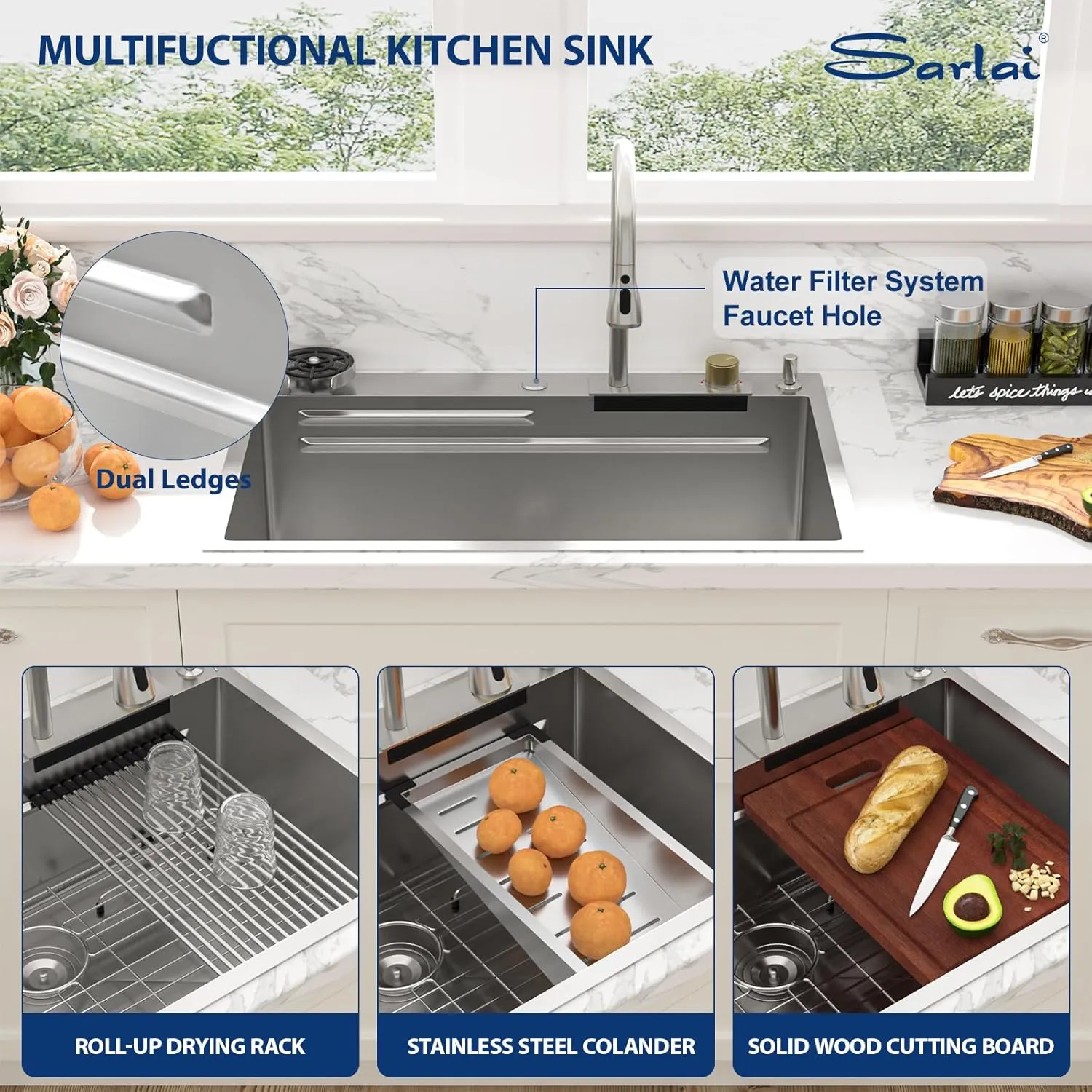 Sarlai 33 Inch Waterfall Kitchen Sink Drop In - 33x22 Waterfall Drop Workstation Stainless Steel 16 Gauge Multifunction Single Bowl Smart Top Mount Kitchen Sink with Faucet Combo