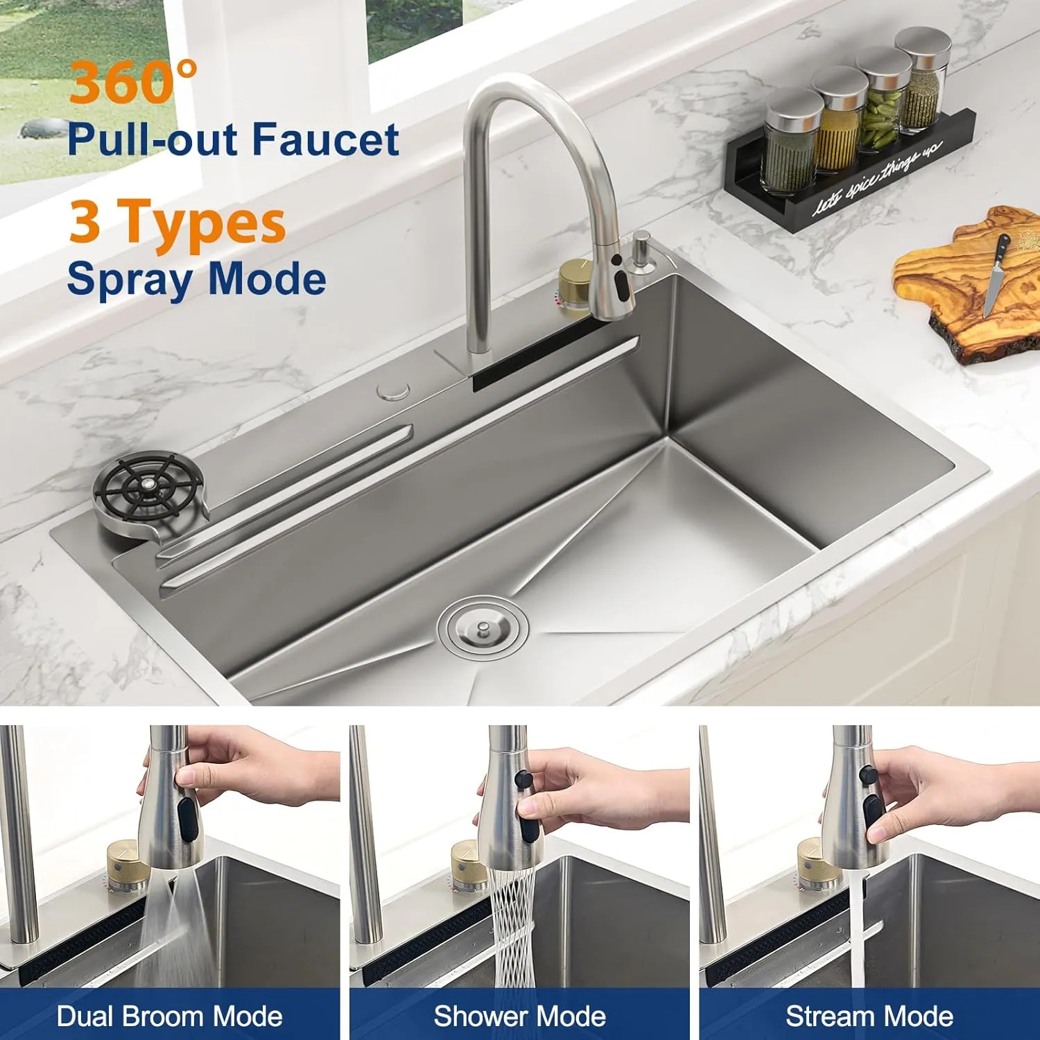 Sarlai 33 Inch Waterfall Kitchen Sink Drop In - 33x22 Waterfall Drop Workstation Stainless Steel 16 Gauge Multifunction Single Bowl Smart Top Mount Kitchen Sink with Faucet Combo