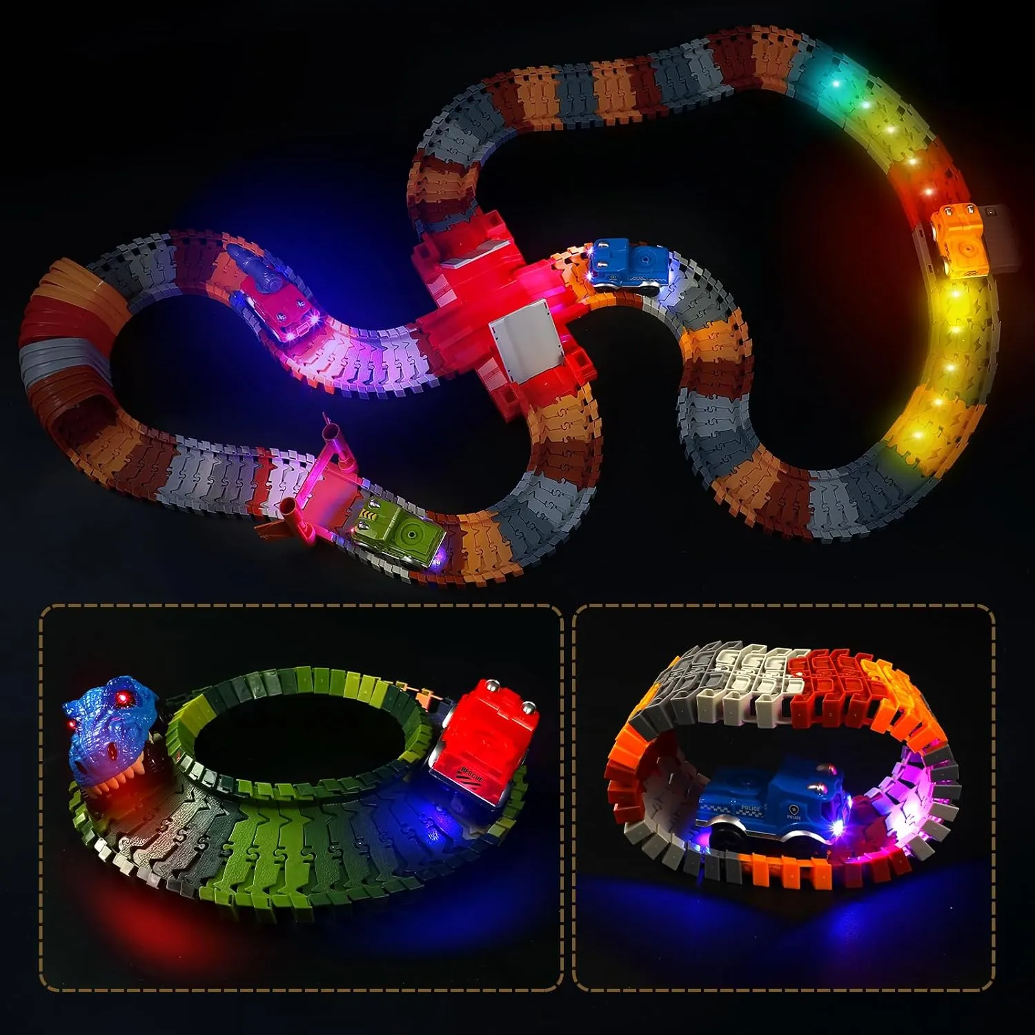 Save Unicorn Tracks Cars Replacement only, Dino Track Cars for Tracks Glow in The Dark, Car Tracks Accessories with 3 Flashing LED Lights, Compatible with Most Car Tracks for Kids Boys and Girl(6pack)