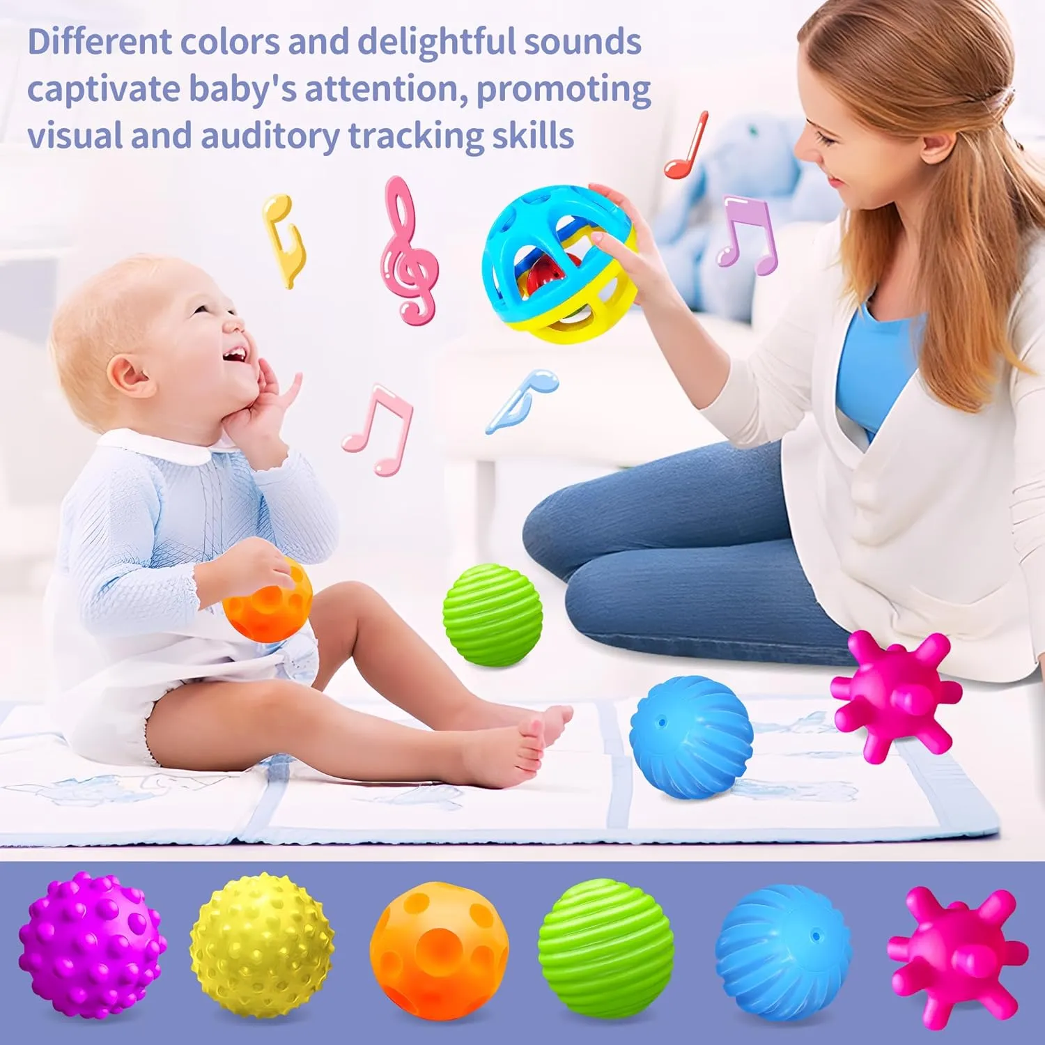 Sensory Balls for Baby - Montessori Toys, Multiple Textures Colorful Toddler Sensory Toys for Babies 1-3 Hand Catching Baby Balls, Blue Baby Rattle 3-6 Months Old Baby Toys for 6-12 Months