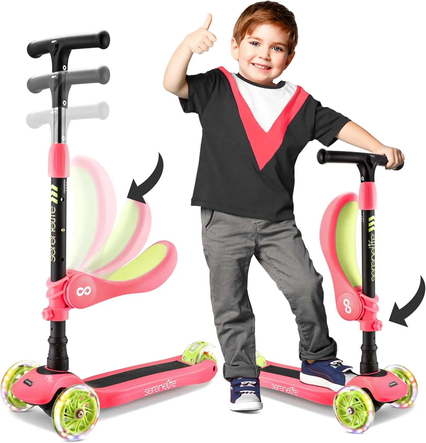 Serenelife 3 Wheeled Scooter for Kids - 2-in-1 Sit/Stand Child Toddlers Toy Kick Scooters w/ Flip-Out Seat, Adjustable Height, Wide Deck, Flashing Wheel Lights for Outdoor Fun - SLKS39 (Watermelon)