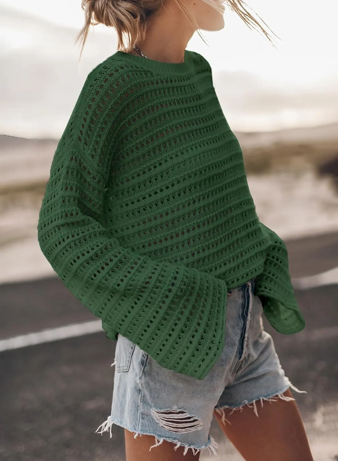 Sidefeel Womens Sweaters Lightweight Casual Long Sleeve Loose Crochet Hollow Out Knit Pullover Tops Clothing
