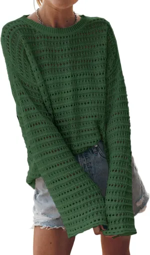 Sidefeel Womens Sweaters Lightweight Casual Long Sleeve Loose Crochet Hollow Out Knit Pullover Tops Clothing