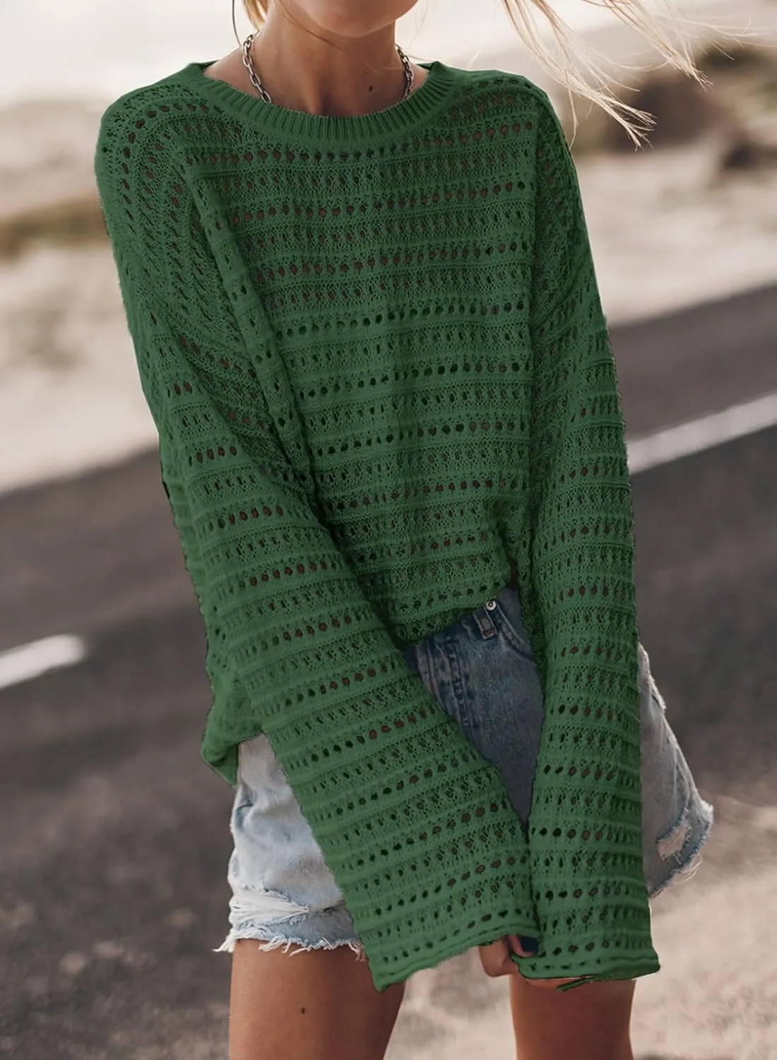 Sidefeel Womens Sweaters Lightweight Casual Long Sleeve Loose Crochet Hollow Out Knit Pullover Tops Clothing