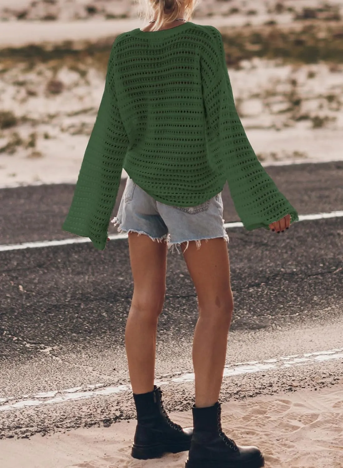 Sidefeel Womens Sweaters Lightweight Casual Long Sleeve Loose Crochet Hollow Out Knit Pullover Tops Clothing