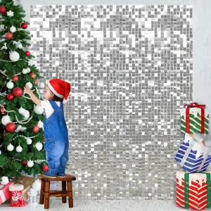 Silver Shimmer Backdrop Wedding Disco Back Drop Sequin Wall Panels Glitter Wall Decor for Backdrops Indoor Outdoor Christmas Ceremony Wall Decorations,12 Packs