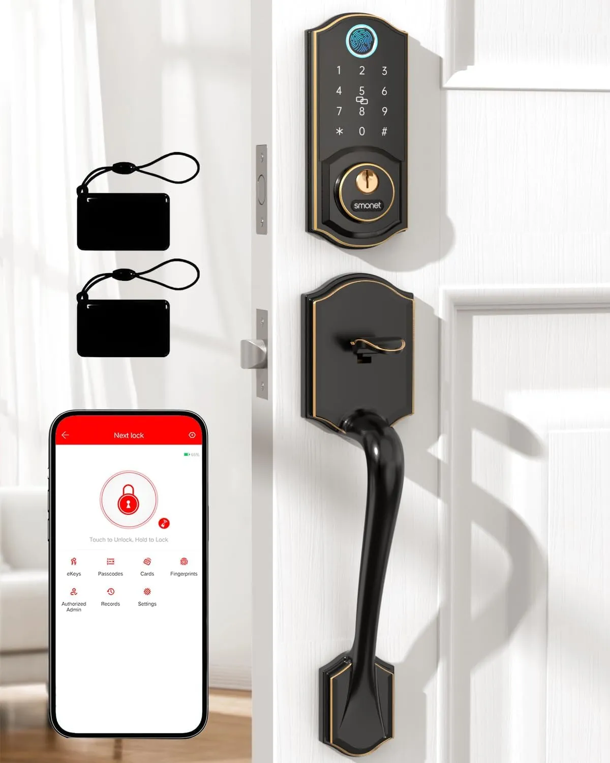 Smart Door Lock with Handle Set: SMONET Front Door Lock Set Keyless Entry, Fingerprint Keypad Bluetooth Alexa Deadbolt Lockset Suitables for Rental Management and Smart Home Residents ﻿