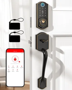 Smart Door Lock with Handle Set: SMONET Front Door Lock Set Keyless Entry, Fingerprint Keypad Bluetooth Alexa Deadbolt Lockset Suitables for Rental Management and Smart Home Residents ﻿