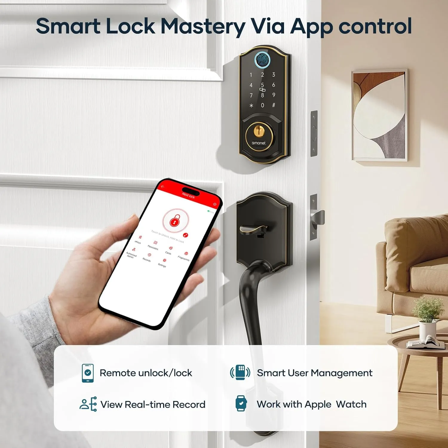 Smart Door Lock with Handle Set: SMONET Front Door Lock Set Keyless Entry, Fingerprint Keypad Bluetooth Alexa Deadbolt Lockset Suitables for Rental Management and Smart Home Residents ﻿