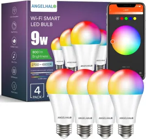 Smart Light Bulbs, Color Changing A19 LED Light Bulb, Work with Alexa and Google Assistant, Wi-Fi & Bluetooth Light Bulbs, 16 Million Colors RGBCW, Music Sync, 800 Lumens, 2.4Ghz only,4 Pack