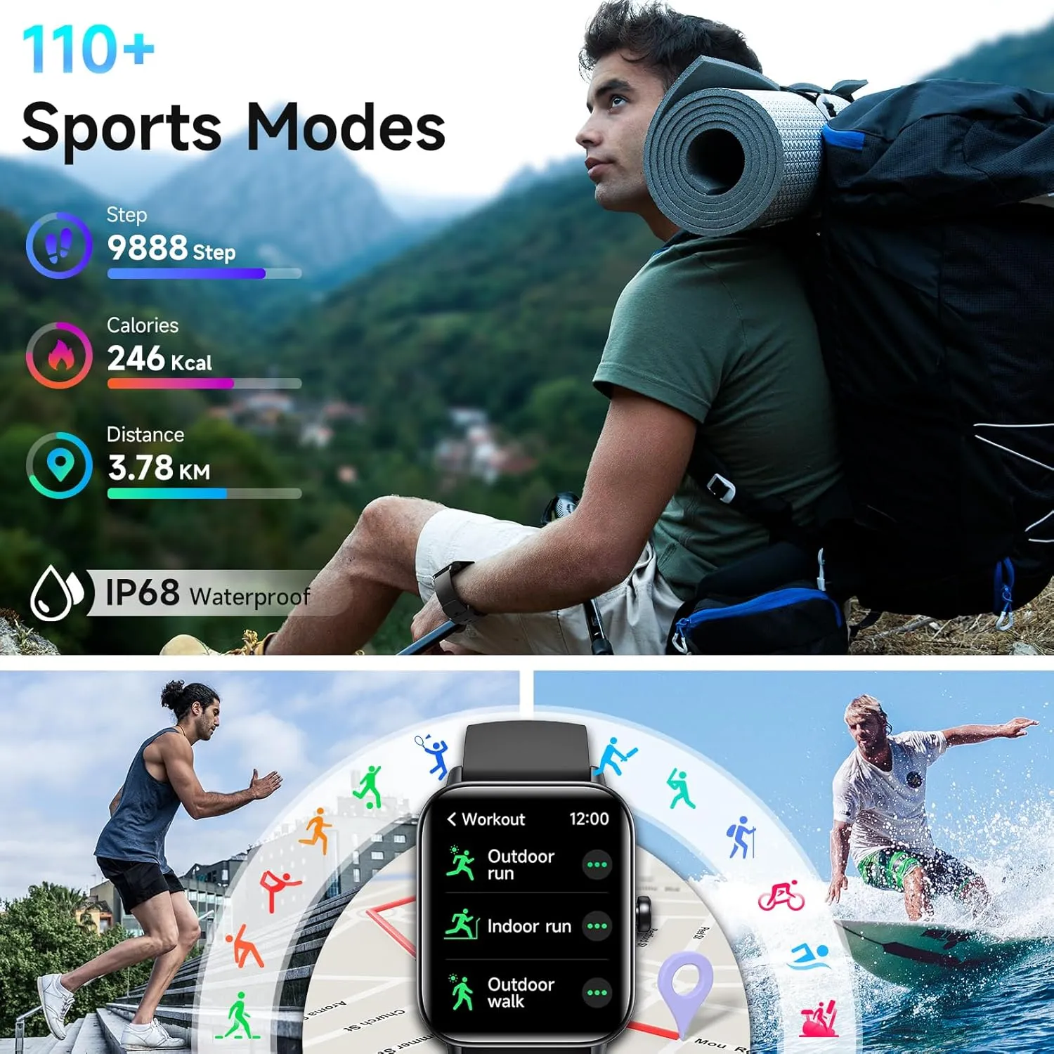 Smart Watches for Men Women Android & iPhone, Alexa Built-in, 1.8" Fitness Tracker with Answer/Make Calls, IP68 Waterproof Fitness Watch,Heart Rate, Sleep, SpO2 Monitor,Pedometer, Black