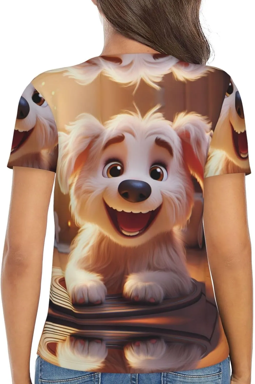 Smiling Puppy Pattern Sexy V-Neck Printed Short T-Shirt, Travel Portable Fitness Clothes, Home and Outdoor wear