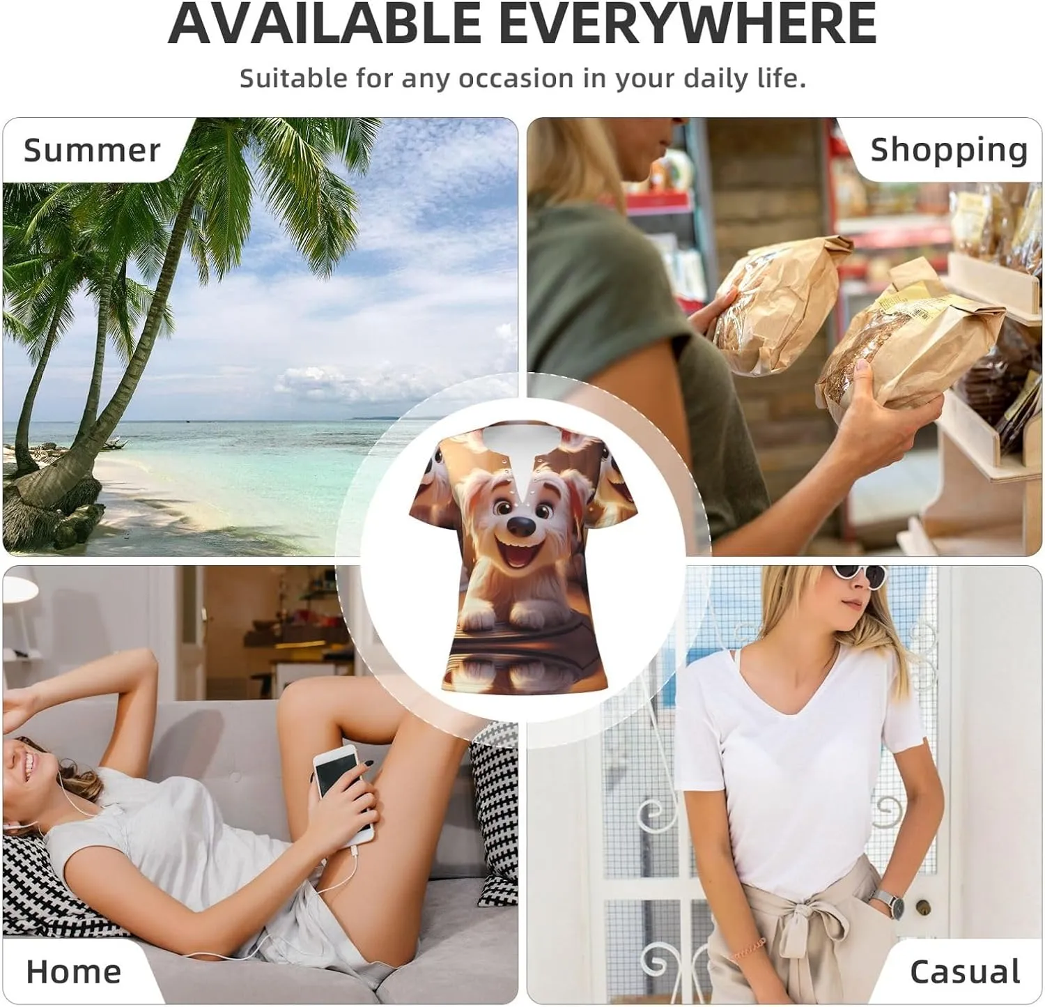 Smiling Puppy Pattern Sexy V-Neck Printed Short T-Shirt, Travel Portable Fitness Clothes, Home and Outdoor wear