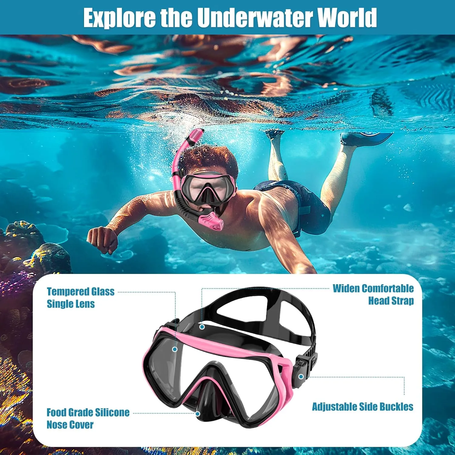 Snorkeling Gear for Adults, Dry-Top Snorkel Set Scuba Diving mask, Snorkel Mask, Panoramic Anti-Leak Anti-Fog Tempered Glass Lens, Swimming Training Snorkeling Packages