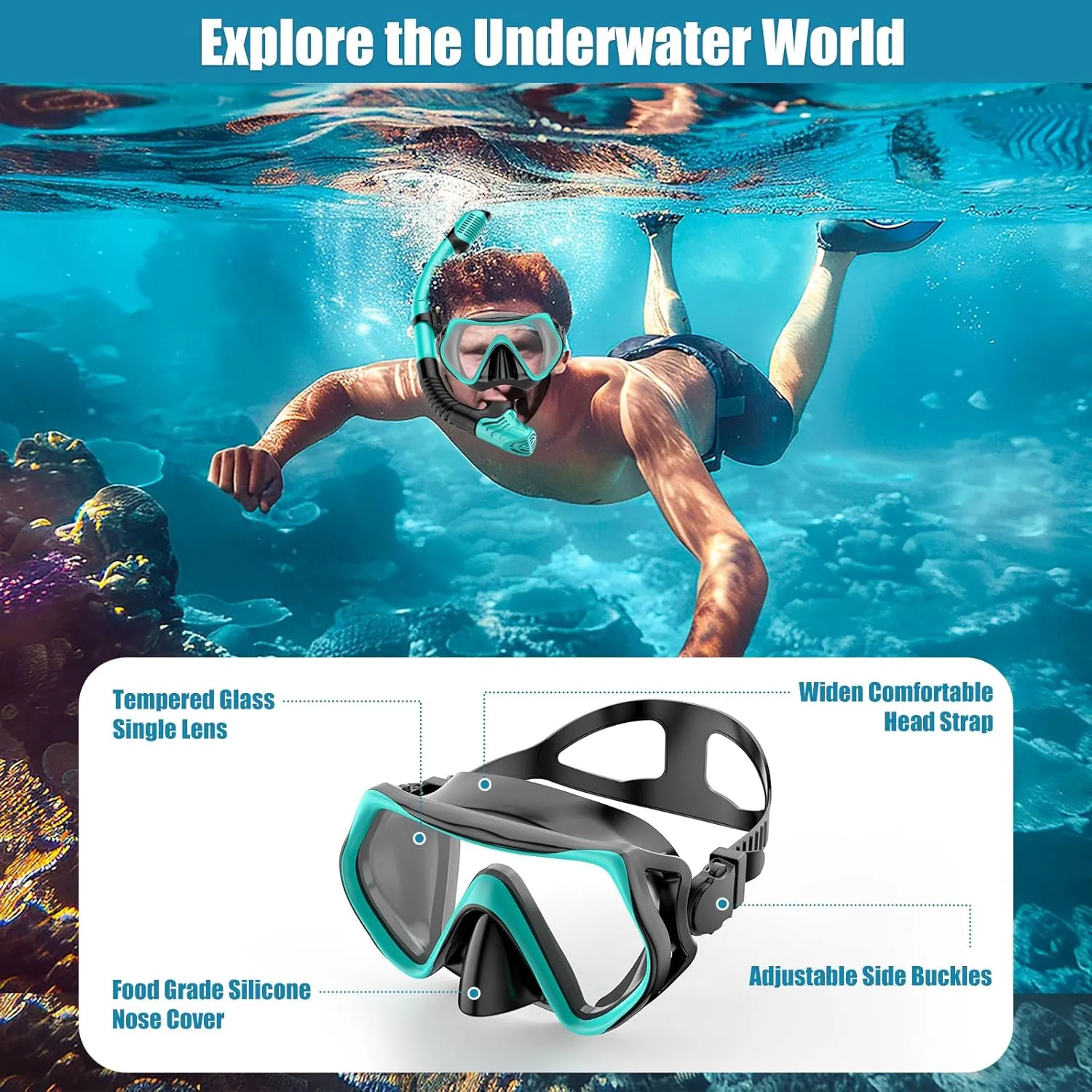 Snorkeling Gear for Adults, Dry-Top Snorkel Set Scuba Diving mask, Snorkel Mask, Panoramic Anti-Leak Anti-Fog Tempered Glass Lens, Swimming Training Snorkeling Packages