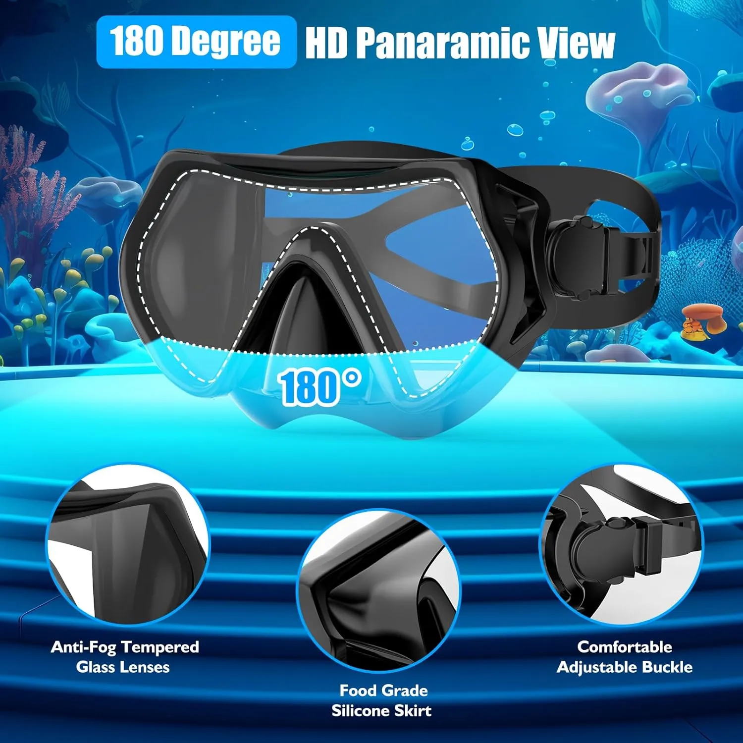 Snorkeling Gear for Adults, Dry-Top Snorkel Set Scuba Diving mask, Snorkel Mask, Panoramic Anti-Leak Anti-Fog Tempered Glass Lens, Swimming Training Snorkeling Packages