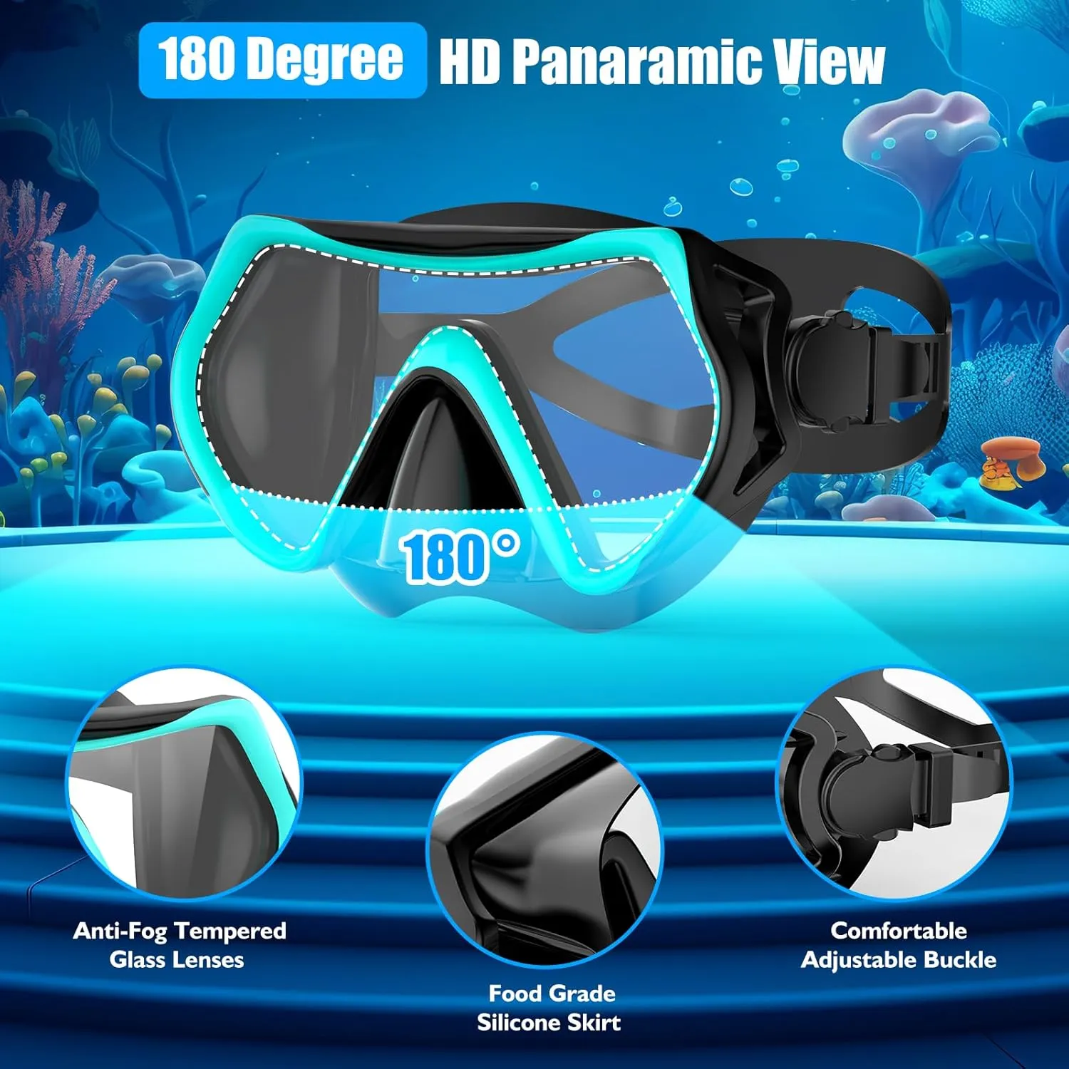 Snorkeling Gear for Adults, Dry-Top Snorkel Set Scuba Diving mask, Snorkel Mask, Panoramic Anti-Leak Anti-Fog Tempered Glass Lens, Swimming Training Snorkeling Packages