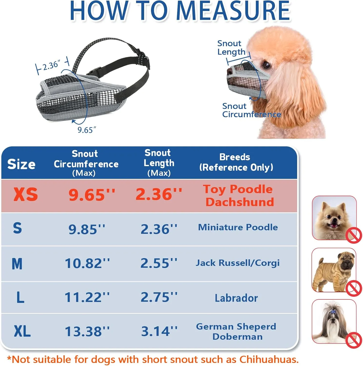 Soft Mesh Dog Muzzle with Reflective Adjustable Strap, Lightweight Muzzle for Large Medium Small Dogs, Prevents Biting Chewing Licking, Open Nose Design for Comfort (Grey, XS)