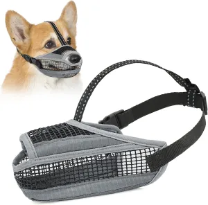 Soft Mesh Dog Muzzle with Reflective Adjustable Strap, Lightweight Muzzle for Large Medium Small Dogs, Prevents Biting Chewing Licking, Open Nose Design for Comfort (Grey, XS)