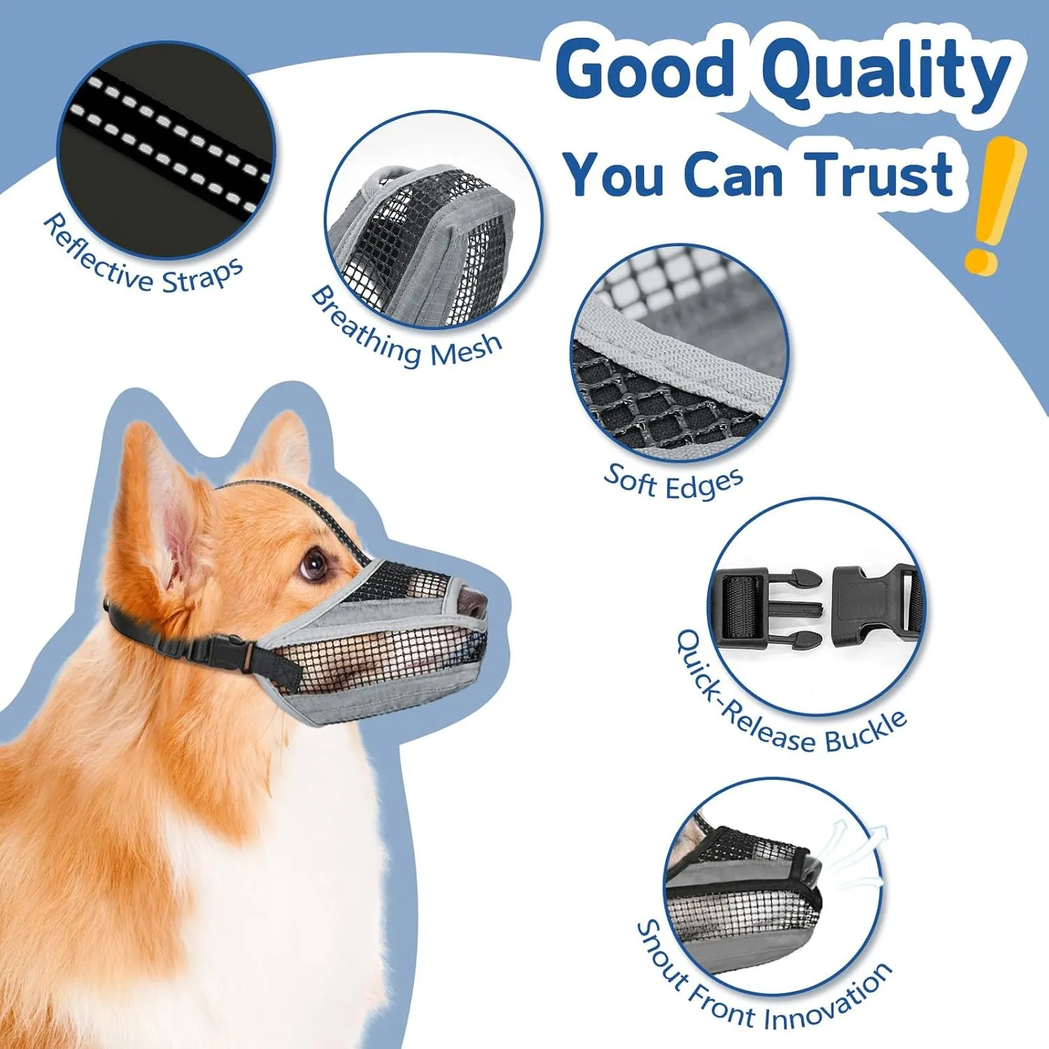 Soft Mesh Dog Muzzle with Reflective Adjustable Strap, Lightweight Muzzle for Large Medium Small Dogs, Prevents Biting Chewing Licking, Open Nose Design for Comfort (Grey, XS)
