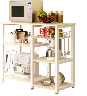 soges Kitchen Bakers Rack with 5 Hooks, Microwave Stand, Coffee Bar Station, Industrial Storage Shelf with Wire Basket, Adjustable Feet, Sturdy Metal Frame for Kitchen, Pantry, Living Room, Maple