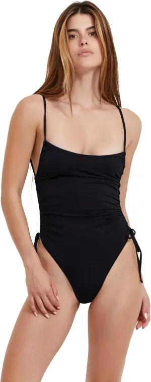 Solids Women’s Black Shaped Neckline One-Piece Swimsuit with Lingerie Straps and High Leg Rise Swim Essential