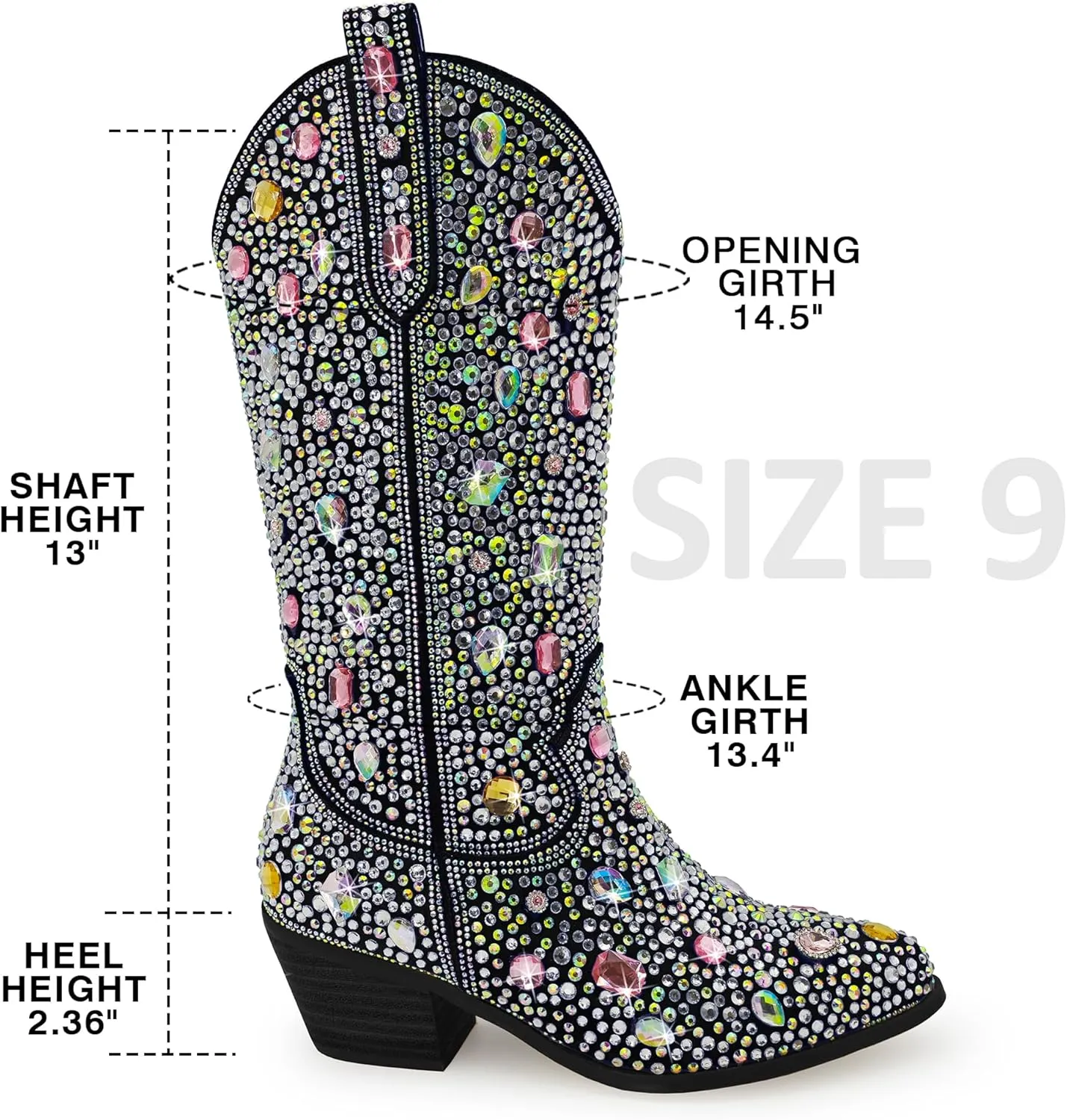 Sparkle Rhinestone Cowboy Boots for Women Mid Calf Western Wide Calf Short Cowgirl Boots Fashion Pointed Toe Glitter Bling Pull on Zipper Chunky Boots Retro Classic Wedding Party