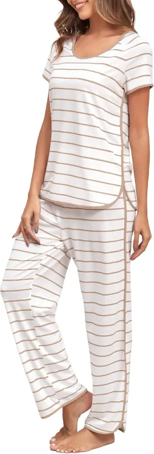 Stripe Pajamas Set Women Two-Piece Nightwear Short Sleeve Sleepwear Soft Side Split Loungewear Pjs Sets